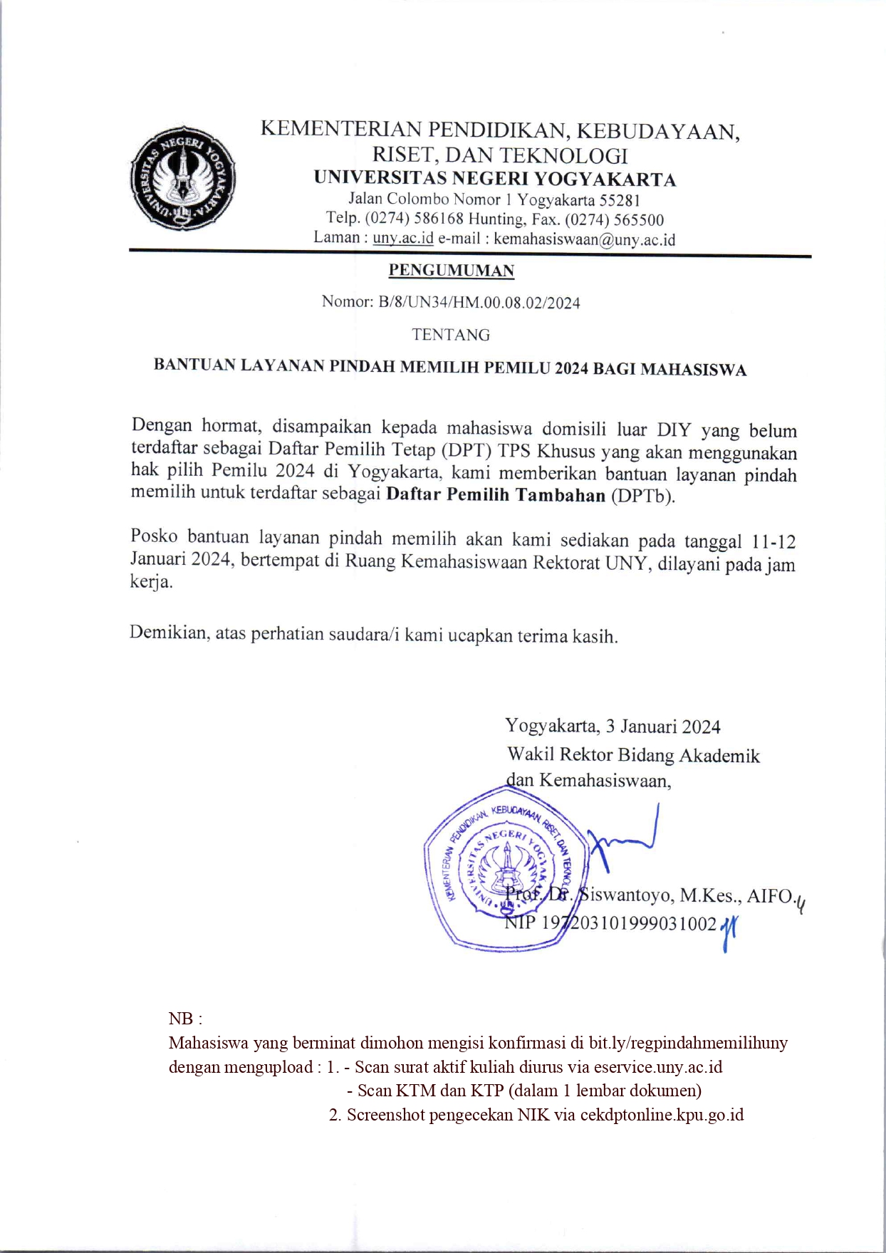 BANTUAN LAYANAN PINDAH MEMILIH PEMILU 2024 BAGI MAHASISWA Universitas